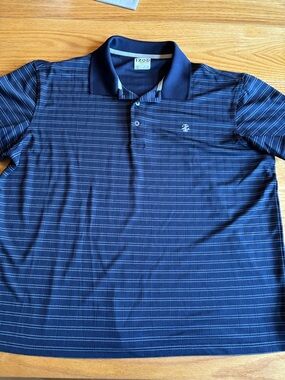 Men’s IZOD Golf Polo Shirt XL Navy Blue Striped Grey Short Sleeve Collared